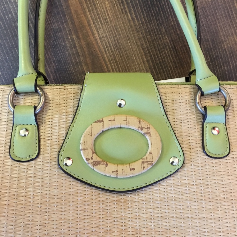 Woven straw look Lime Green & Tan Handbag - Picture 6 of 8